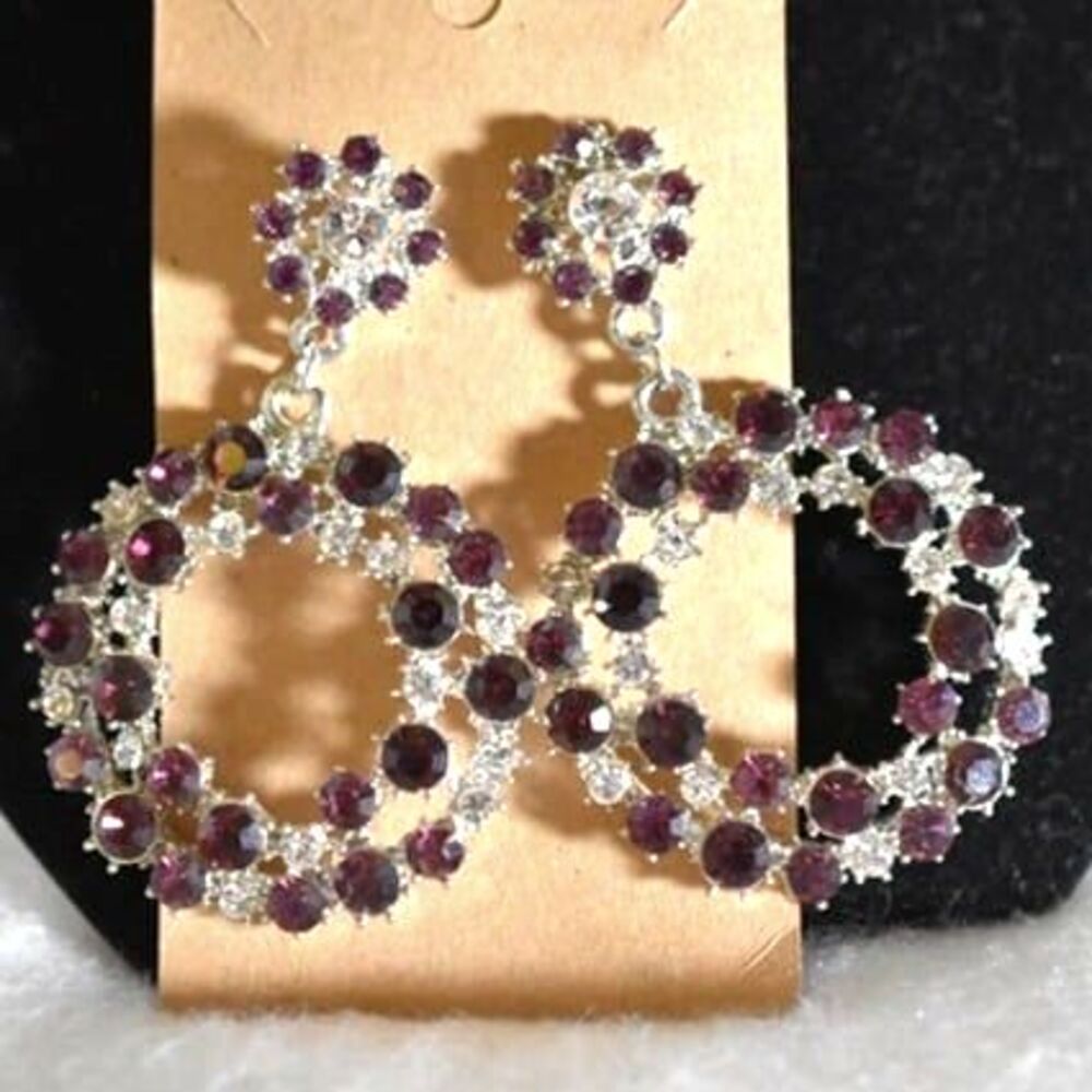 Retro Chic Deep Purple/White Crystal Long Dangle Silver Tone Post Earrings
